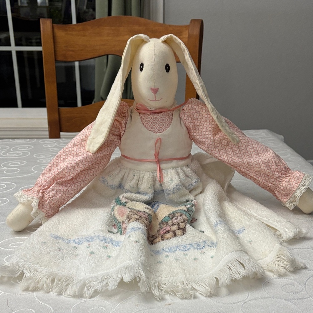 Handmade Bunny Doll with Pink and Cream Dress Country/Farmhouse/Vintage look